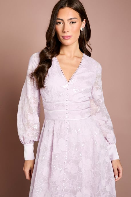 Blouson Sleeve V Neck Sequin Floral Mesh Midaxi Dress - Image 2