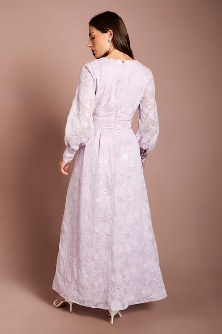 Blouson Sleeve V Neck Sequin Floral Mesh Midaxi Dress - Image 3