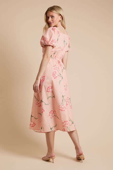Floral Button Detail Puff Sleeve Midi Dress - Image 3