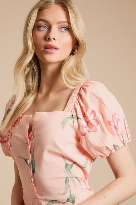 Floral Button Detail Puff Sleeve Midi Dress - Image 4