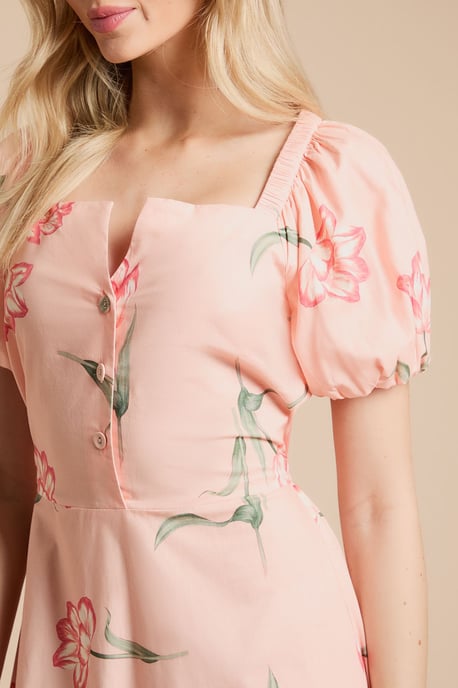 Floral Button Detail Puff Sleeve Midi Dress - Image 5