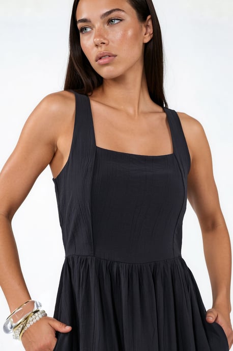 Solid Midi Dress with Square Collar - Image 3