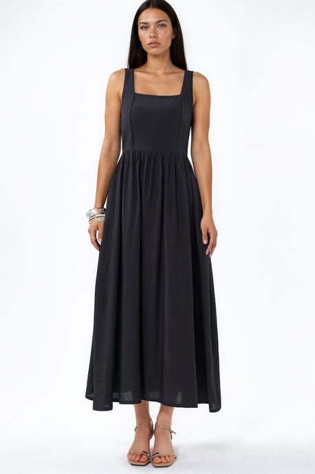 Solid Midi Dress with Square Collar - Image 4