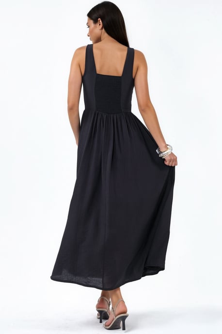 Solid Midi Dress with Square Collar - Image 5