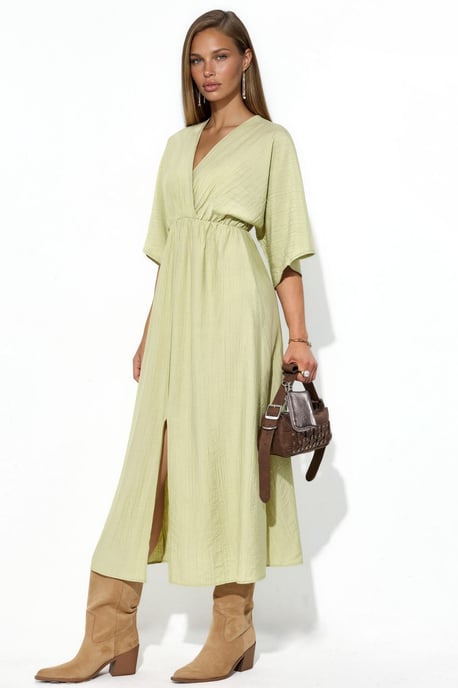V-Neck Midi Wrap Dress with Three Quarter Sleeves - Image 1