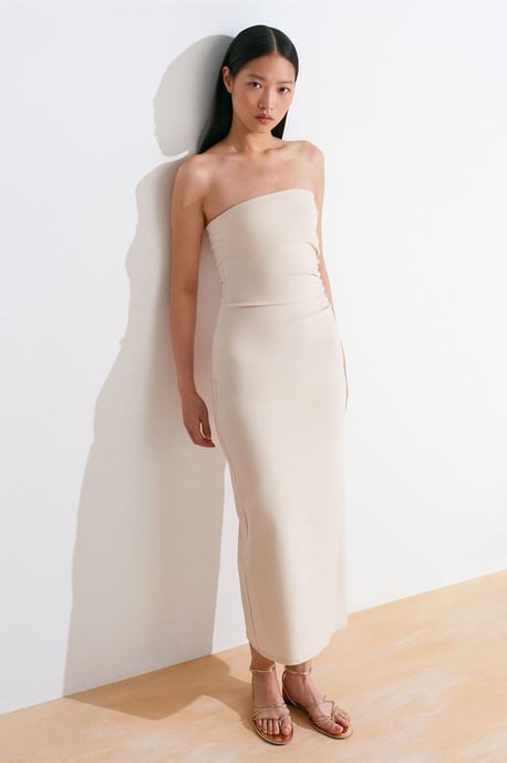 Strapless Bodycon Midi Jurk Met Splits - Image 1