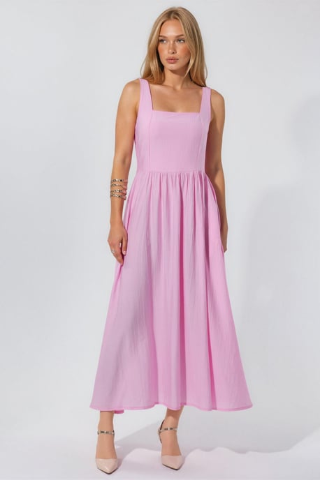 Solid Midi Dress with Square Collar - Image 5