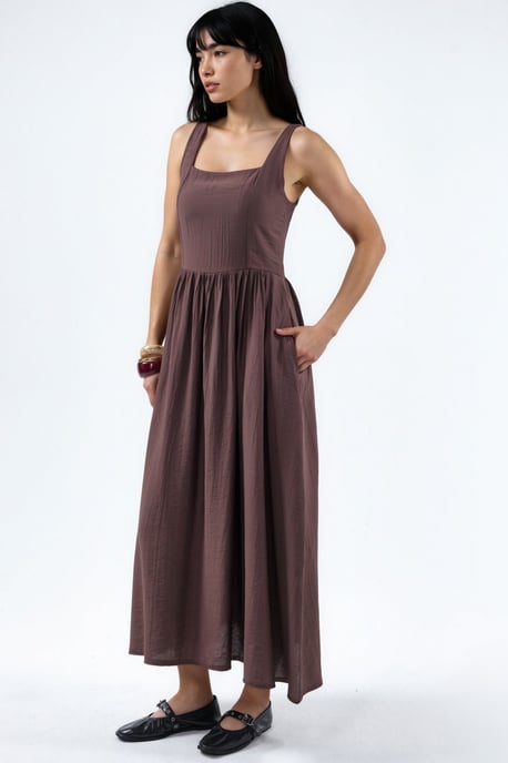 Solid Midi Dress with Square Collar - Image 5