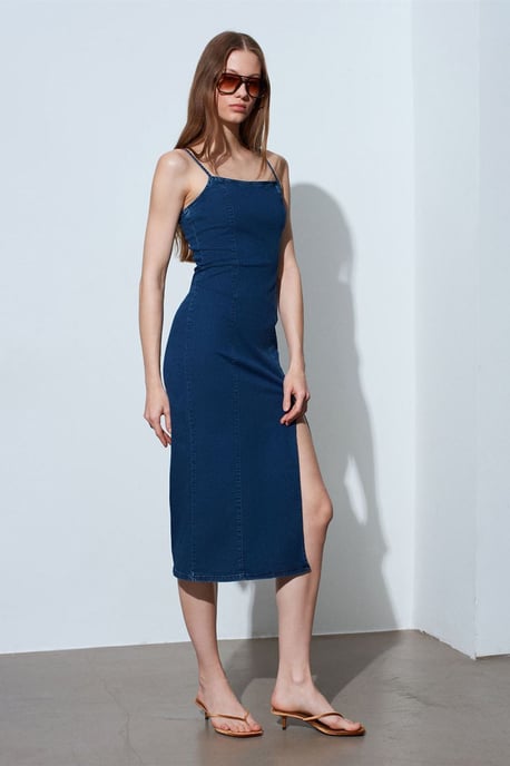 Kvinnors ärmlös bodycon midi denimklänning - Image 3