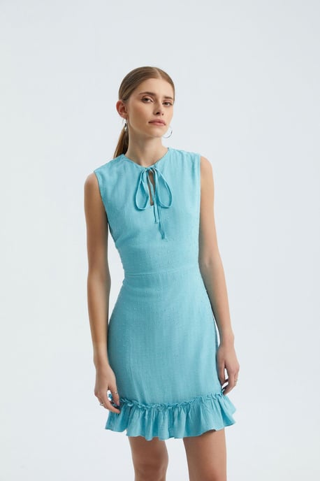 Round Neck Drawstring Ruffle Sleeveless Mini Dress - Image 3