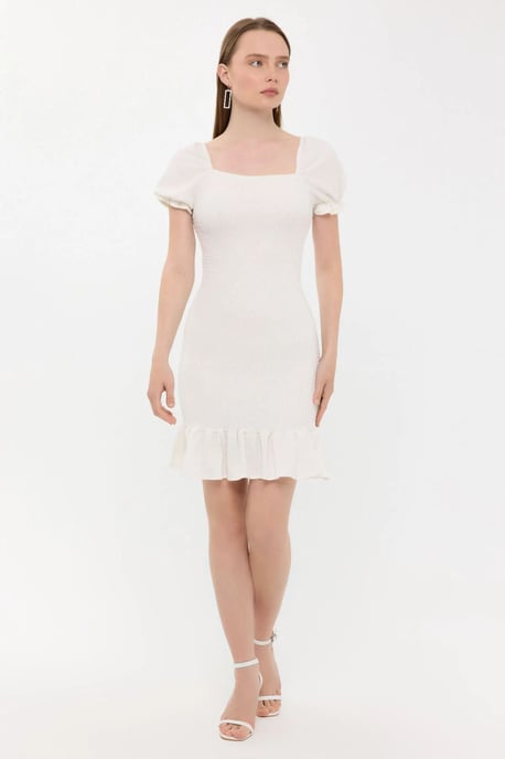 Ribbed Ruffled Square Neck Mini Dress with Balloon Sleeves - Image 2