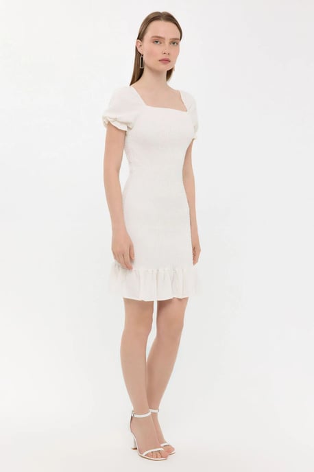 Ribbed Ruffled Square Neck Mini Dress with Balloon Sleeves - Image 3