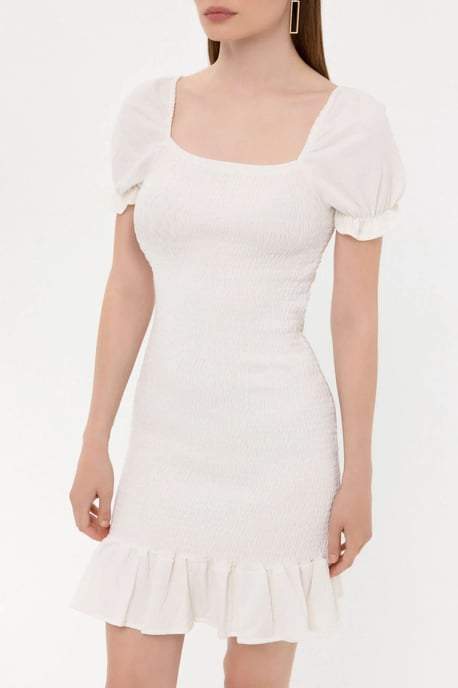 Ribbed Ruffled Square Neck Mini Dress with Balloon Sleeves - Image 4