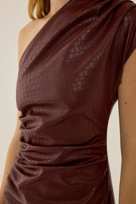 One Shoulder Faux Textured Mini Dress with Bodycon Fit - Image 4
