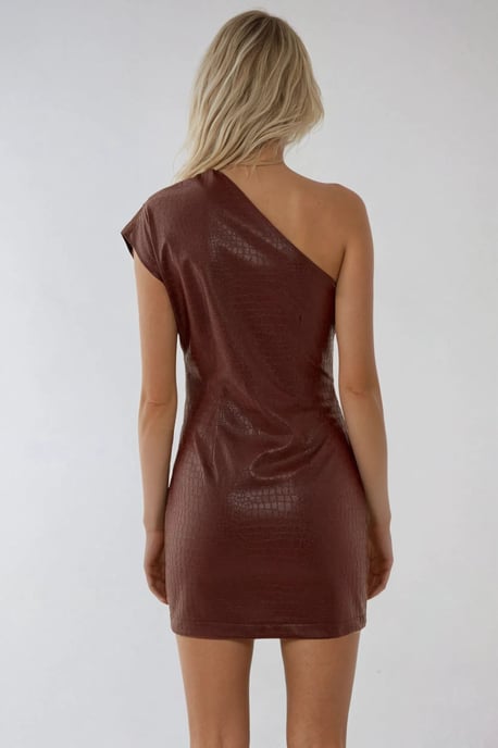 One Shoulder Faux Textured Mini Dress with Bodycon Fit - Image 5