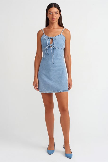Bomull Denim Mini A-linje Klänning med U-cut - Image 3