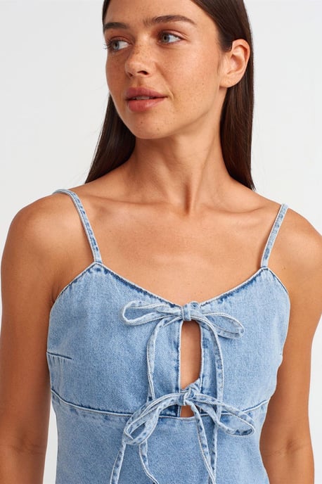 Bomull Denim Mini A-linje Klänning med U-cut - Image 4