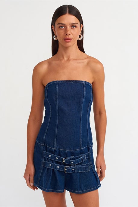 Bärlös mini denimklänning med bälte - Image 1