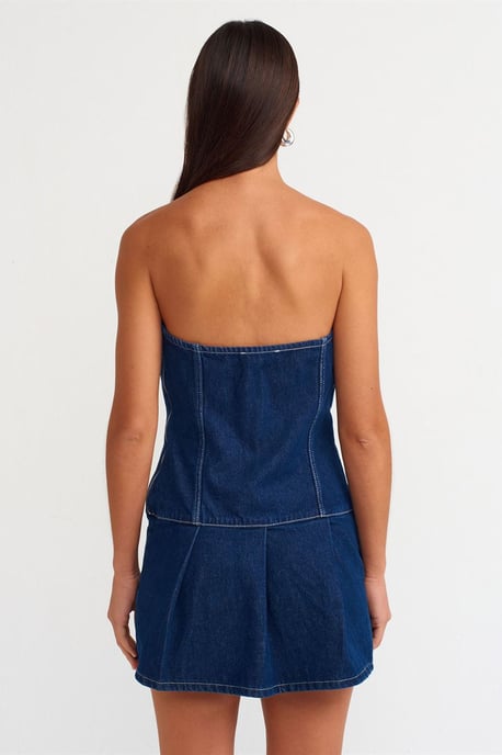 Bärlös mini denimklänning med bälte - Image 2