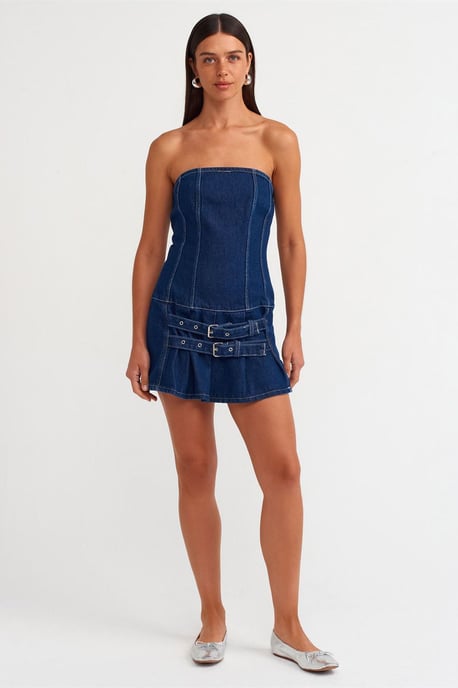 Bärlös mini denimklänning med bälte - Image 3
