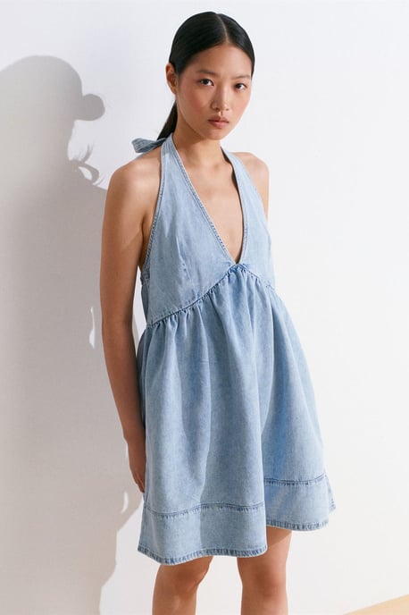 Mini Bomull Denim Halterneck Klänning - Image 1