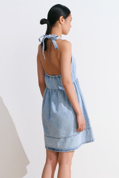 Mini Bomull Denim Halterneck Klänning - Image 2