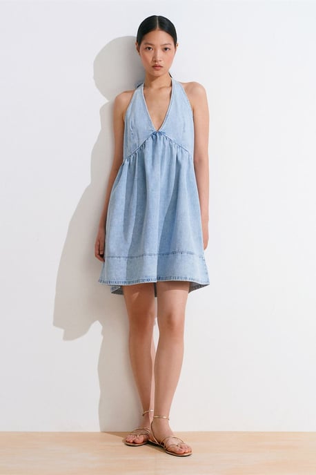 Mini Bomull Denim Halterneck Klänning - Image 3