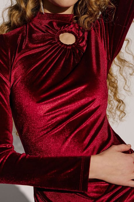 Accessoires Detail Crew Neck Bodycon Fluwelen Mini Jurk - Image 3