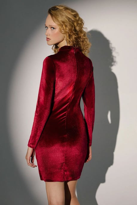 Accessoires Detail Crew Neck Bodycon Fluwelen Mini Jurk - Image 5