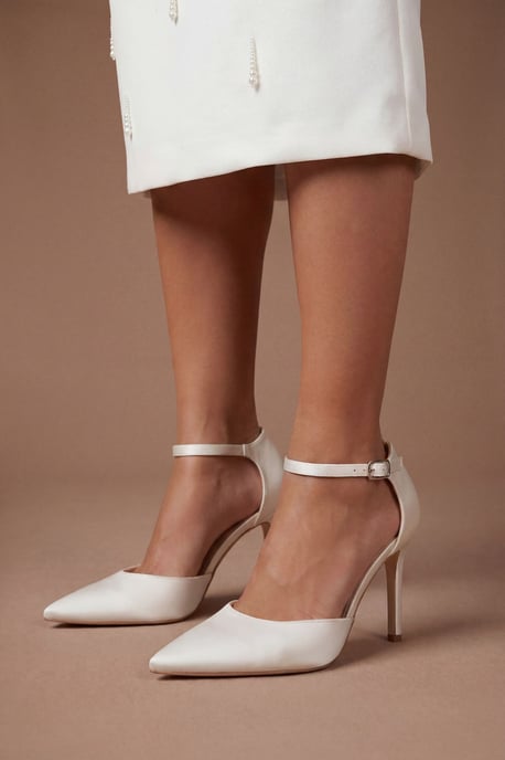Bridal Megan Satin Diamante Buckle 2 Part High Stiletto Heel Point Court Shoes - Image 1