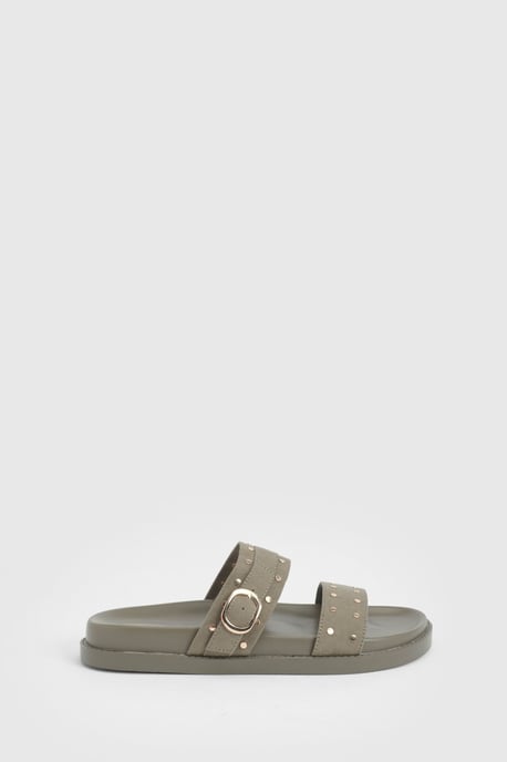 Faux Suede Stud Double Strap Sliders - Image 2