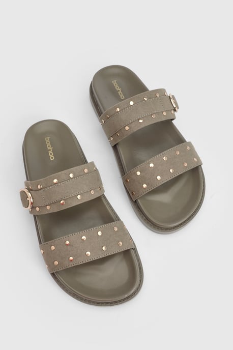 Faux Suede Stud Double Strap Sliders - Image 5