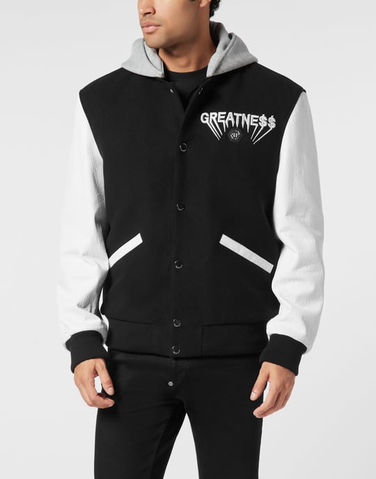 Hooded Varsity Bomber With Leather Sleeves Greatness - Image 2
