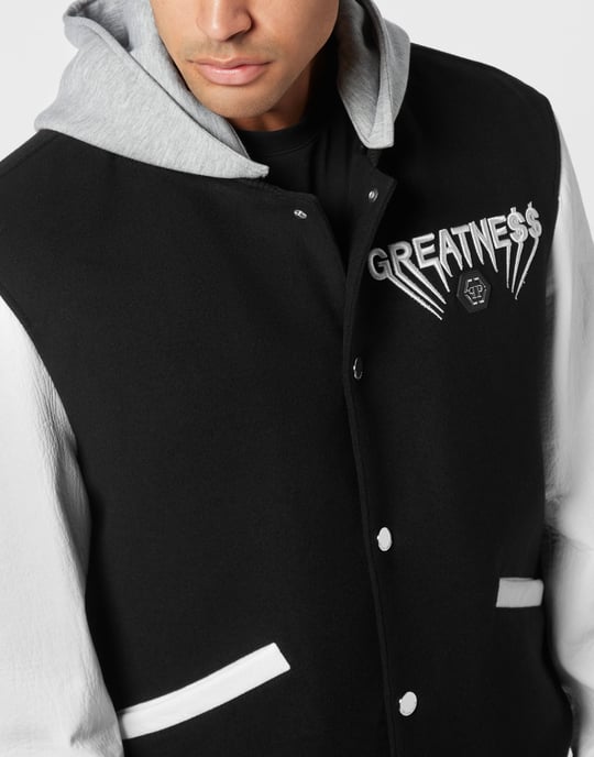 Hooded Varsity Bomber With Leather Sleeves Greatness - Image 3