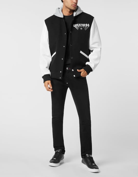 Hooded Varsity Bomber With Leather Sleeves Greatness - Image 4