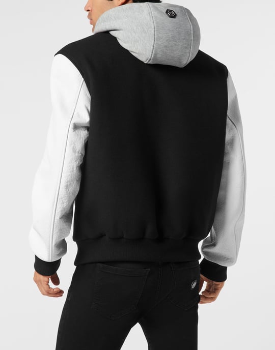 Hooded Varsity Bomber With Leather Sleeves Greatness - Image 5