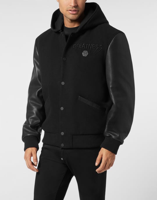 Hooded Varsity Bomber With Leather Sleeves Greatness - Image 2