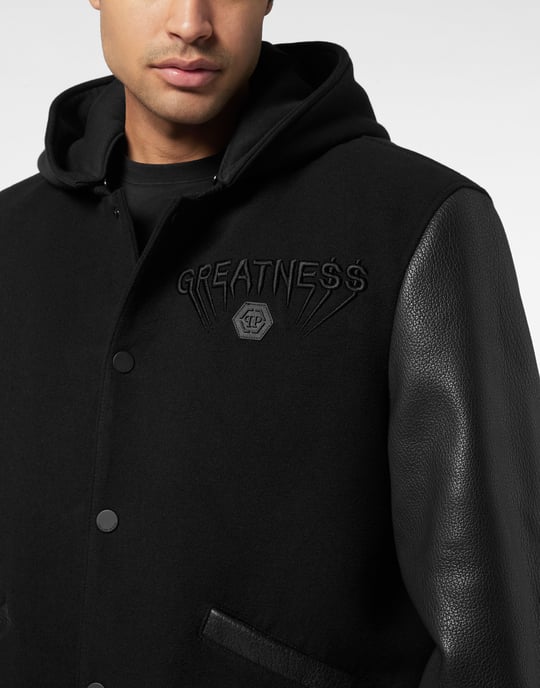 Hooded Varsity Bomber With Leather Sleeves Greatness - Image 3