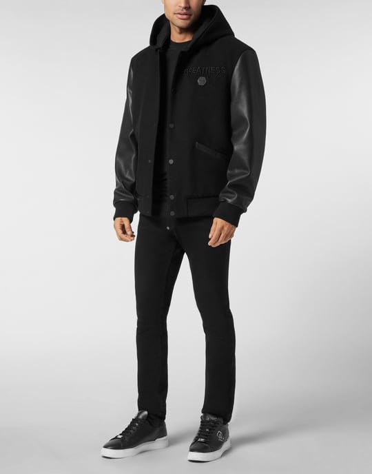 Hooded Varsity Bomber With Leather Sleeves Greatness - Image 4