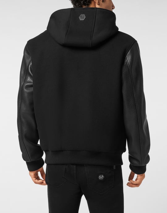 Hooded Varsity Bomber With Leather Sleeves Greatness - Image 5