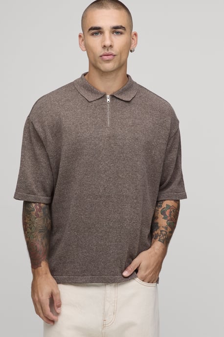 Oversized Boxy 1/4 Zip Cotton Blend Knitted Polo - Image 1