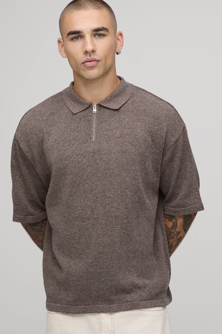 Oversized Boxy 1/4 Zip Cotton Blend Knitted Polo - Image 3