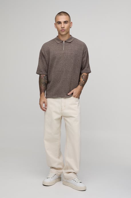 Oversized Boxy 1/4 Zip Cotton Blend Knitted Polo - Image 4