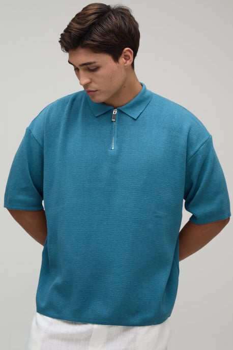 Oversized Boxy 1/4 Zip Cotton Blend Knitted Polo - Image 1