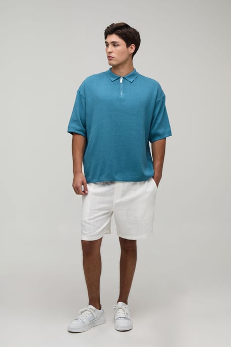 Oversized Boxy 1/4 Zip Cotton Blend Knitted Polo - Image 4