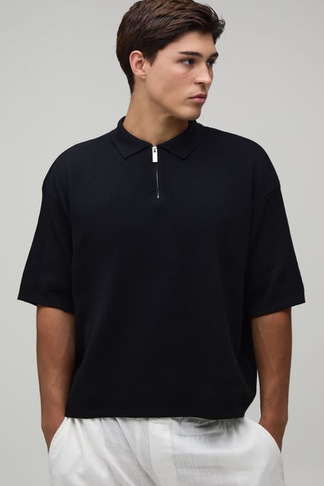 Oversized Boxy 1/4 Zip Cotton Blend Knitted Polo - Image 1