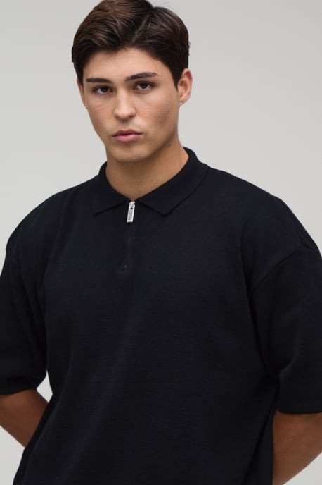 Oversized Boxy 1/4 Zip Cotton Blend Knitted Polo - Image 3