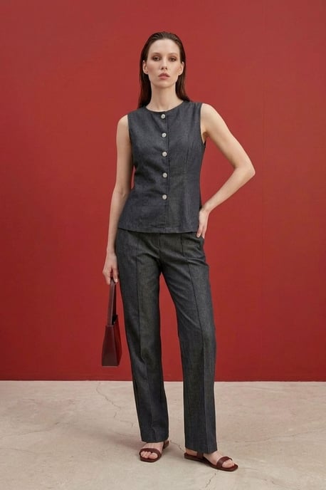 Katoenen Poplin Gilet en Brede Pijpen Broek Set - Image 2