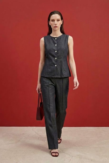 Katoenen Poplin Gilet en Brede Pijpen Broek Set - Image 3
