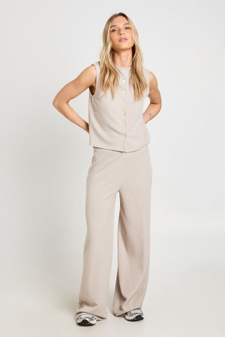 Petite Crinkle Rib Button Through Sleeveless Top and Trouser Set - Image 3